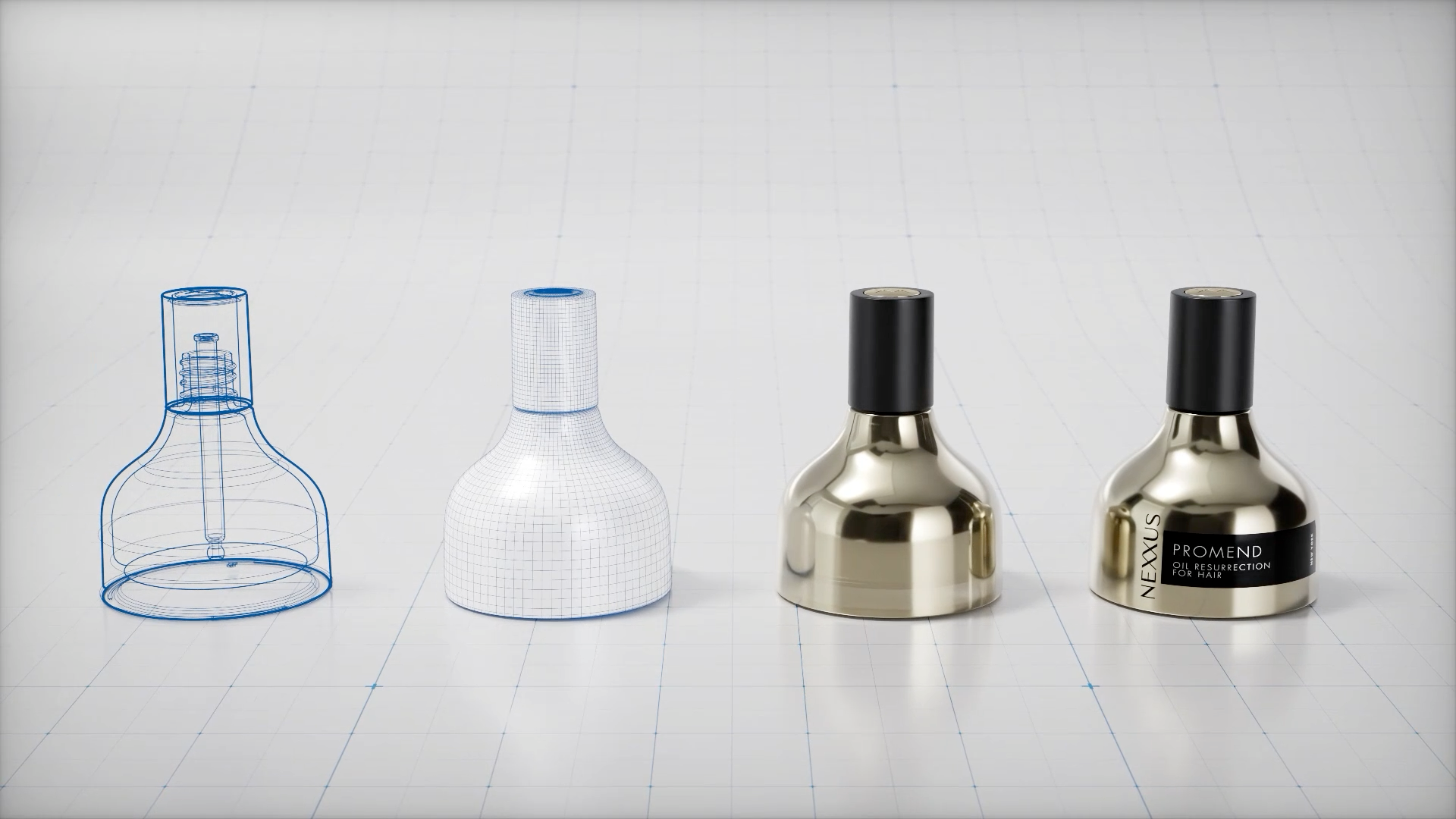 Digital twins of new Nexxus bottles, created using AI tools that help R&D and packaging teams save costs and reduce development time