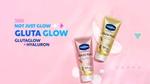 Vaseline Gluta-Hya Dewy Radiance and Flawless Glow packaging with tagline Not just glow, Glutaglow